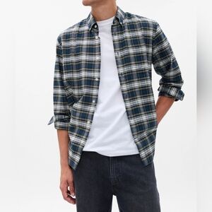 Gap Men's Size XL Plaid Oxford Flannel Shirt Blue Green Standard Fit Stretch